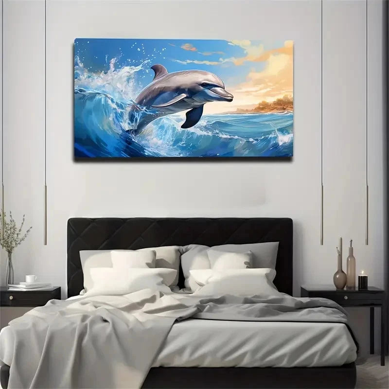 Vibrant Ocean Scene Dolphins Wall Art Canvas Office Home Room Framed 120x60cm