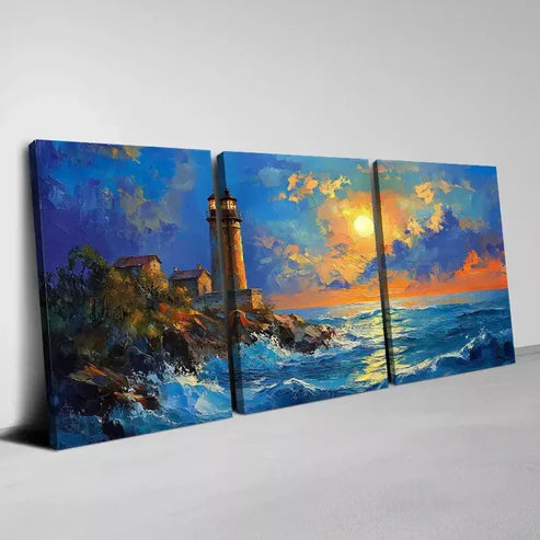 3pcs Stunning Lighthouse Seascape Ocean Sunset Canvas Unframed - High Quality Print 100% Australian Made Wall Canvas