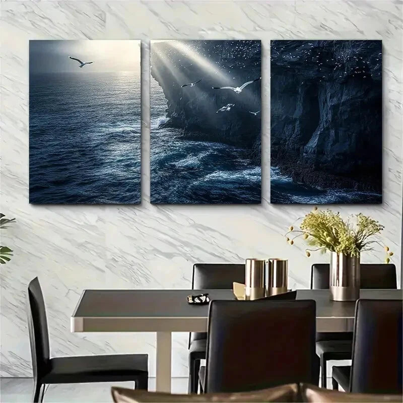 3pcs Seagulls and Waves Coastal Cliff Metal Print Ready to Hang Art - Bella Home Decor
