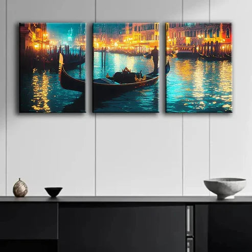 3pcs Venice's Grand Canal at Night Perfect Wall Art Set Canvas Unframed - High Quality Print 100% Australian Made Wall Canvas