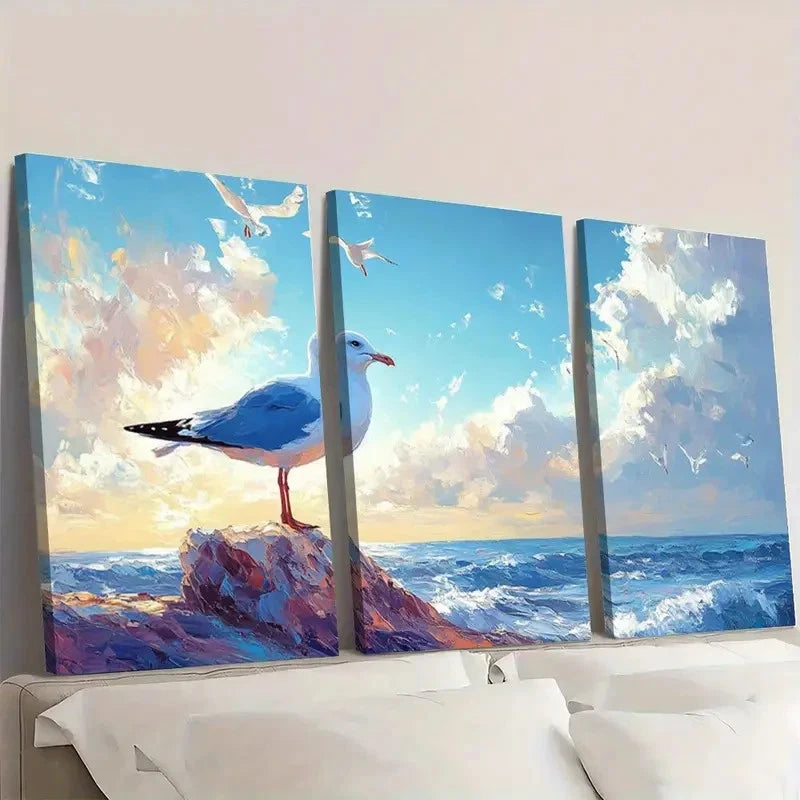 3pcs Seagull Ocean Sunset Serene Blue & Golden  Wall Art Set Canvas Framed 60x90cm - High Quality Print 100% Australian Made Wall Canvas Ready to Hang - Bella Home Decor