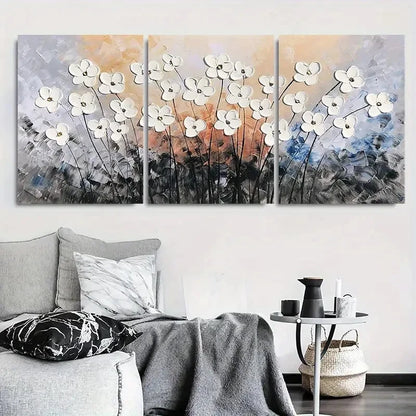 3pcs White Accent Floral Modern Textured Metal Print Ready to Hang Art