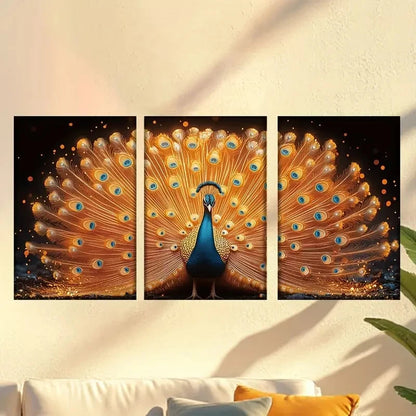 3pcs Vibrant Peacock with Golden Feathers Wall Art Set Canvas Framed 40x60cm - High Quality Print 100% Australian Made Wall Canvas Ready to Hang