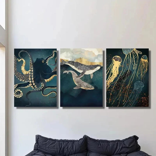 3pcs Octopus, Whale, Jellyfish, Abstract Marine Metal Print Ready to Hang Art