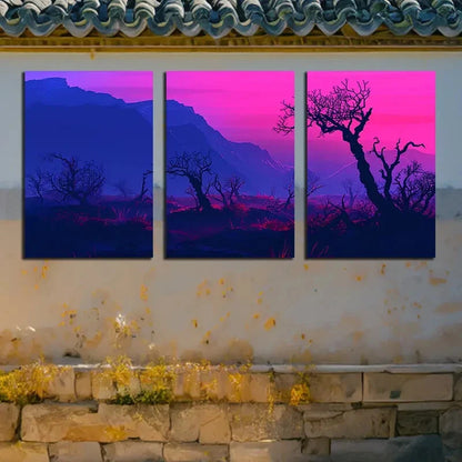 3pcs Vibrant Purple Forest Scene with Twilight Sky Metal Print Ready to Hang Art - Bella Home Decor