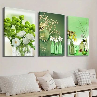 3pcs Emerald Green Bottle Plant Flower Perfect Wall Art Set Canvas Framed 40x60cm - High Quality Print 100% Australian Made Wall Canvas Ready to Hang - Bella Home Decor