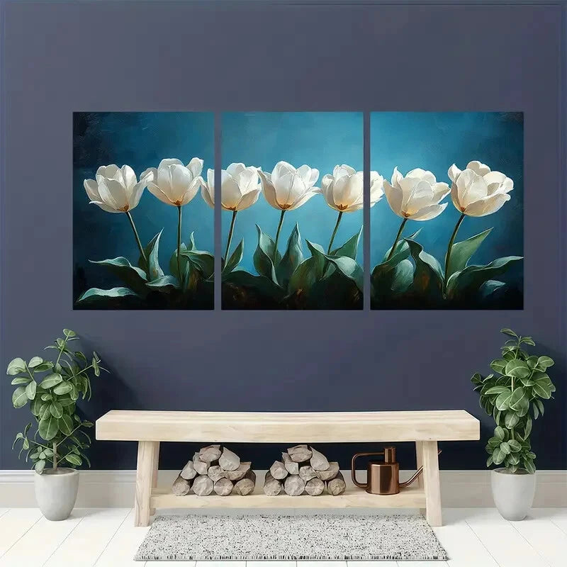 3pcs White Tulips with Dark Blue Background Metal Print Ready to Hang Art - Bella Home Decor