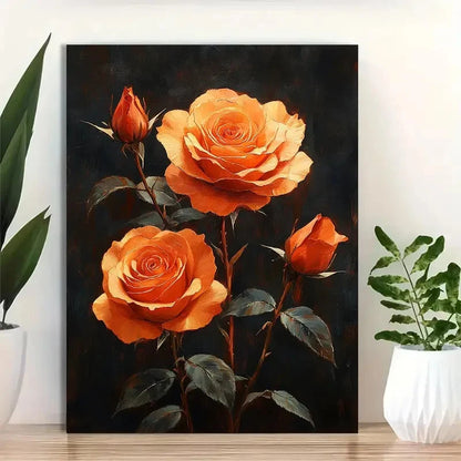 Beautiful Orange Roses & Green Leaves Painting 40x60cm Metal Print Ready to Hang - Bella Home Decor