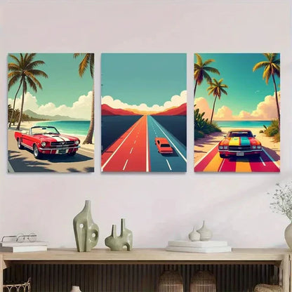 3pcs Vintage Car Coastal Road Beach Palm Trees Wall Art Set Canvas Unframed - High Quality Print 100% Australian Made Wall Canvas
