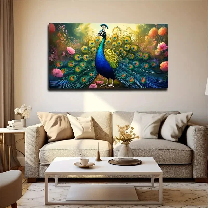 Vibrant Peacock Wall Art Canvas Office Home Room Framed 120x60cm