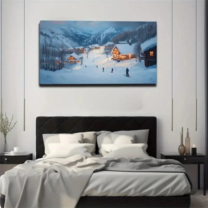 Snowy Ski Town Scene Cabin Wall Art Canvas Office Home Room Framed 120x60cm