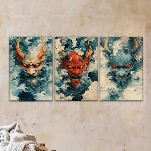 3pcs Two Demons with Horns Wall Art Set Canvas Unframed - High Quality Print 100% Australian Made Wall Canvas - Bella Home Decor