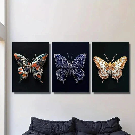 3pcs Japanese flower butterfly on black background Metal Print Ready to Hang Art