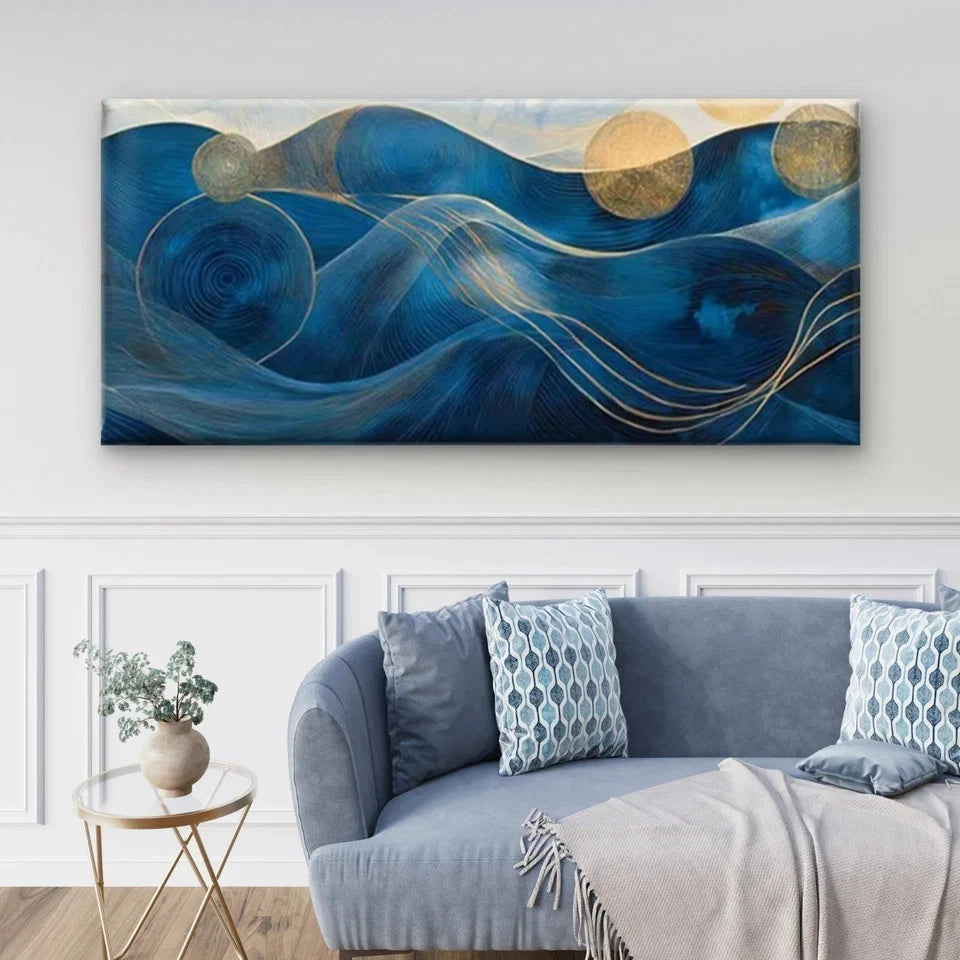 Abstract Waves Golden Blue Wall Art Canvas Office Home Room Framed 120x60cm