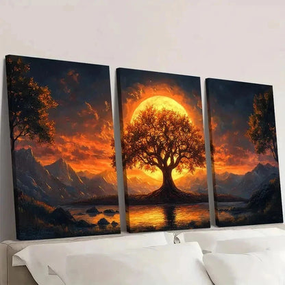 3pcs Modern Golden Tree Sunset Mountain Art l  Wall Art Set Canvas Framed 40x60cm - High Quality Print 100% Australian Made Wall Canvas Ready to Hang - Bella Home Decor
