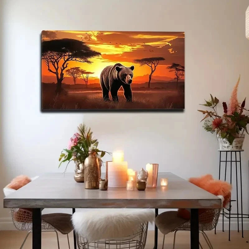 Majestic Black Bear Golden Wall Art Canvas Office Home Room Framed 120x60cm - Bella Home Decor