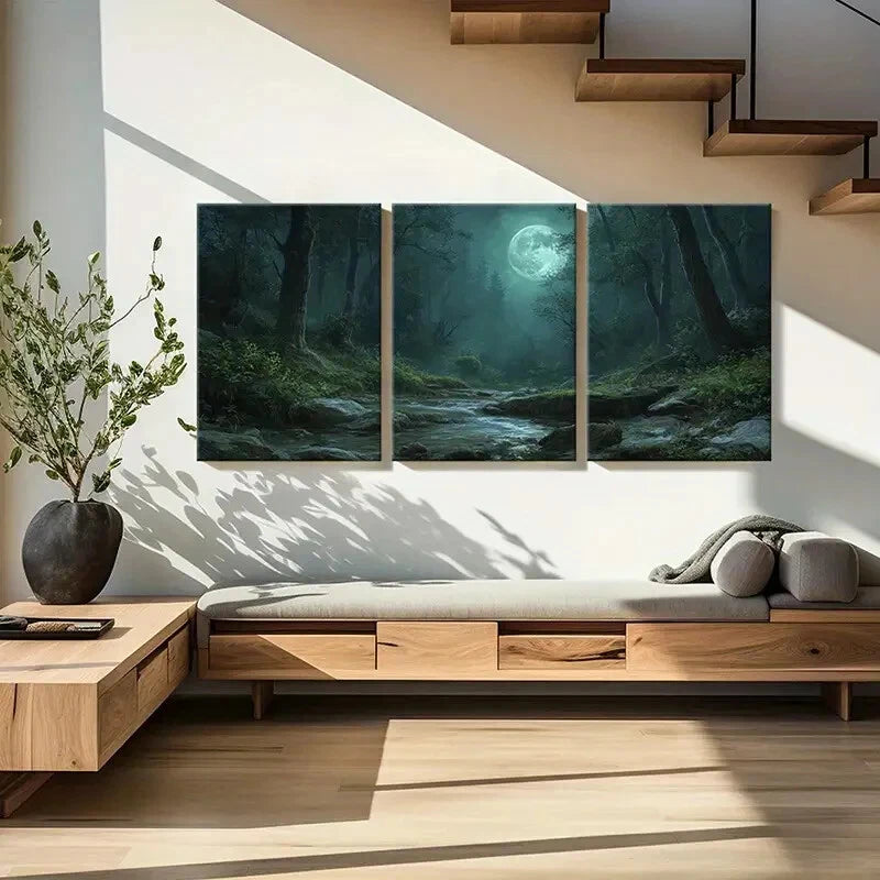 3pcs Moonlit Forest Stream Mystical Night Scene Metal Print Ready to Hang Art - Bella Home Decor