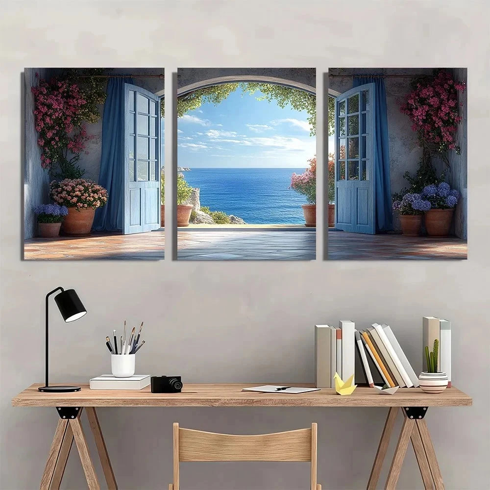Three-panel wall art depicting a scenic view of the ocean with a desk and chair in the foreground.