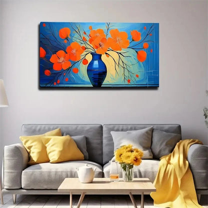 Orange Flowers Blue Vase Wall Art Canvas Office Home Room Framed 120x60cm