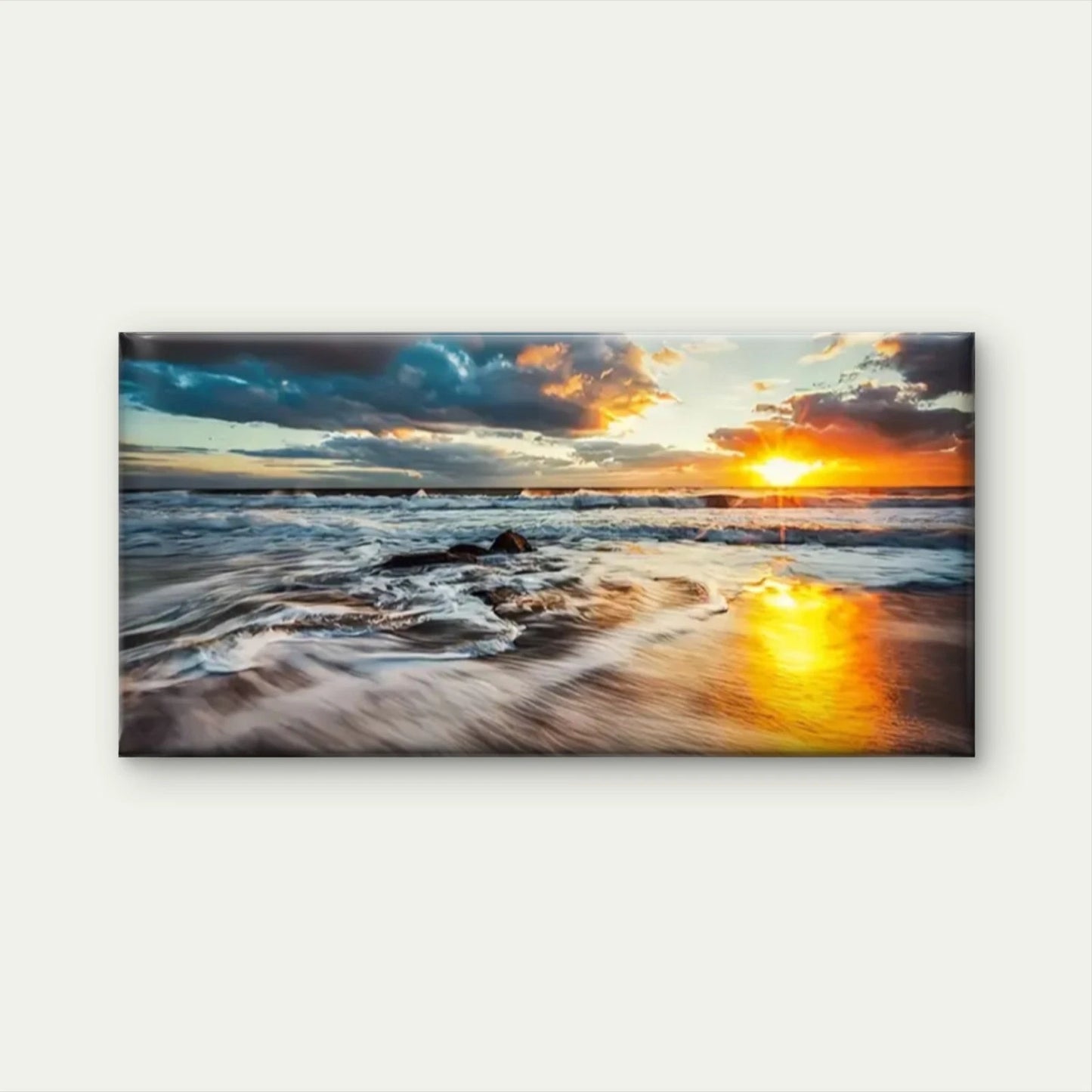 Sunset Beach Waves Crassh Wall Art Canvas Office Home Room Framed 120x60cm