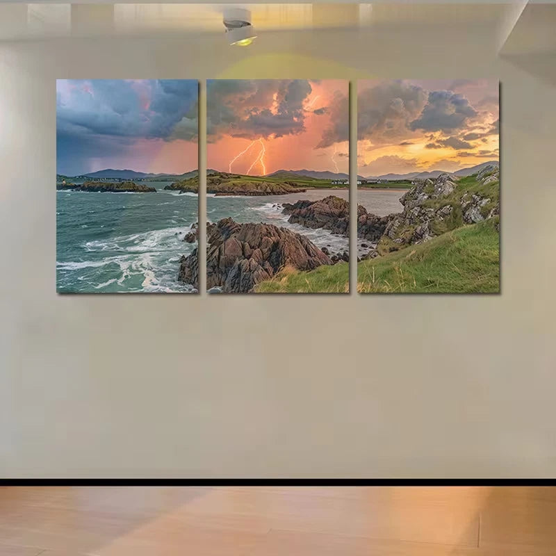 3pcs Stormy Coastline Illustration Wall Art Set Canvas Framed 60x90cm - High Quality Print 100% Australian Made Wall Canvas Ready to Hang