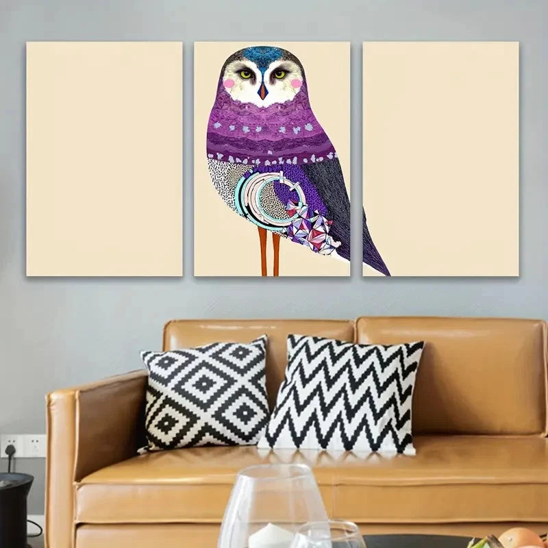3pcs Vibrant Owl In Purple And Blue Wall Art Set Canvas Framed 50x70cm - High Quality Print 100% Australian Made Wall Canvas Ready to Hang