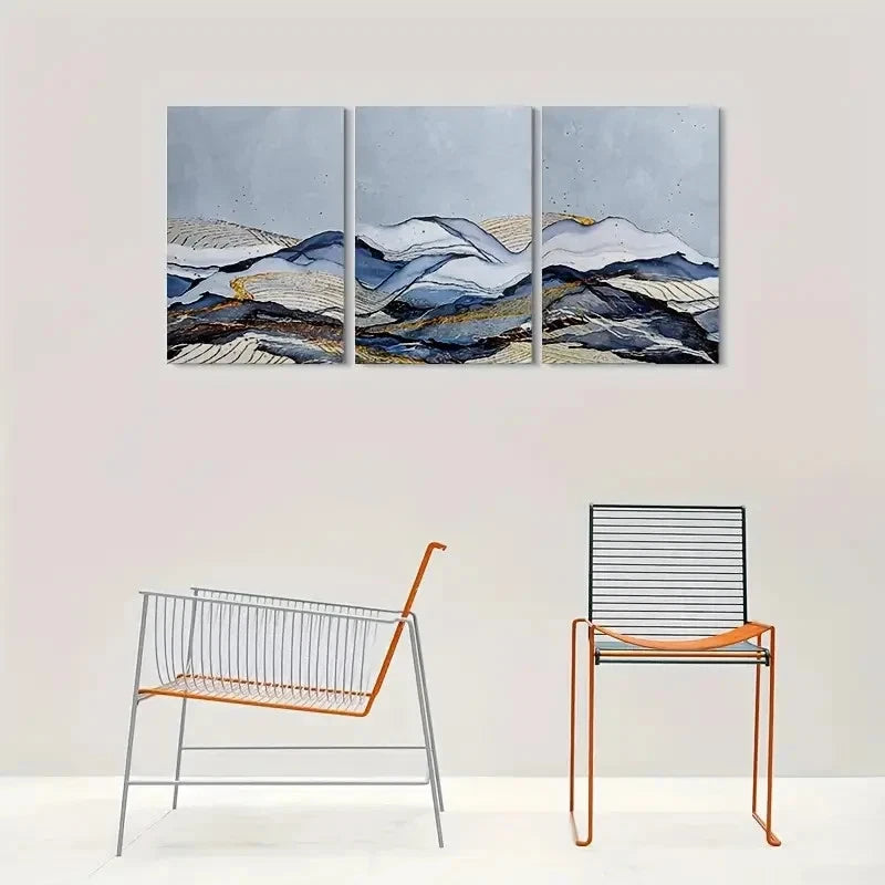 3pcs Blue and Golden Abstract Mountain Metal Print Ready to Hang Art - Bella Home Decor