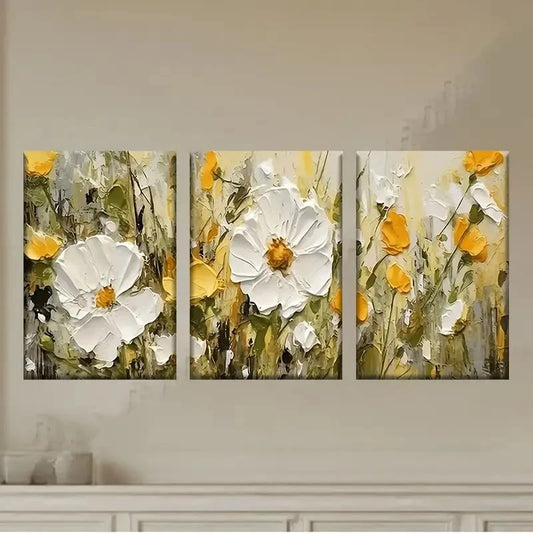 3pcs a painting of white and yellow flowers Wall Art Set Canvas Framed 50x70cm - High Quality Print 100% Australian Made Wall Canvas Ready to Hang