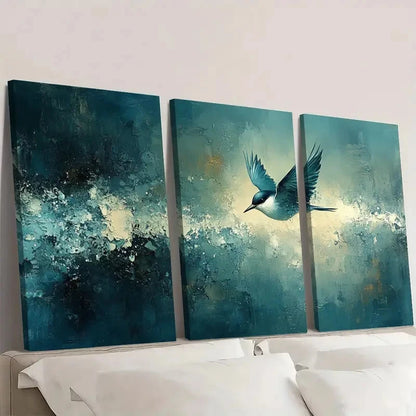 3pcs Bird Teal Tan Pastel Abstract Painting  Wall Art Set Canvas Framed 50x70cm - High Quality Print 100% Australian Made Wall Canvas Ready to Hang - Bella Home Decor