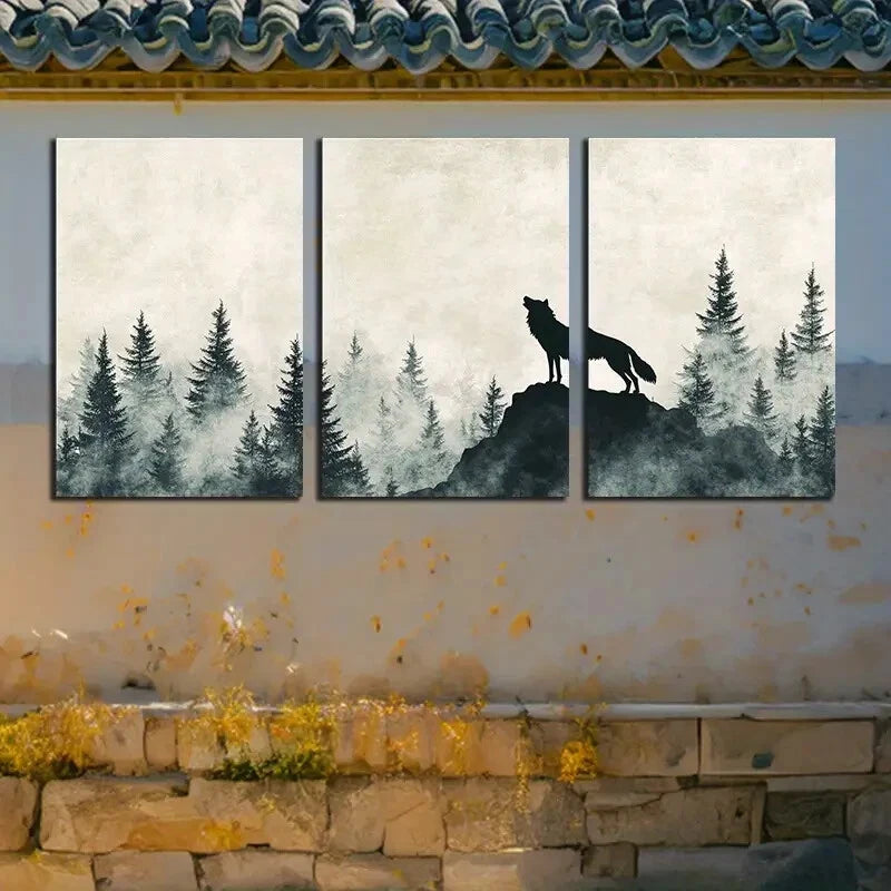 3pcs Howling Wolf Forest Silhouette Design Metal Print Ready to Hang Art - Bella Home Decor
