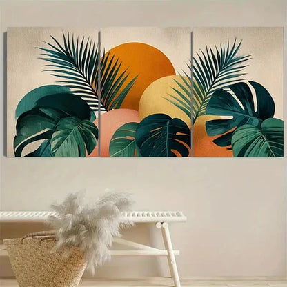 3pcs DustinWay Geometric Sun Jungle Palm Leaves Wall Art Set Canvas Unframed - High Quality Print 100% Australian Made Wall Canvas - Bella Home Decor