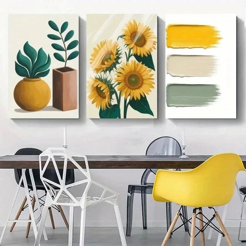 3pcs Sunflower, Green Leaves, Potted Wall Art Set Canvas Framed 50x70cm - High Quality Print 100% Australian Made Wall Canvas Ready to Hang