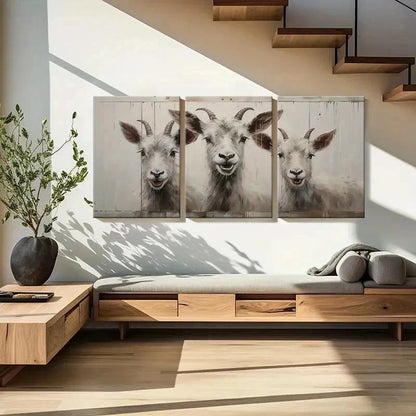 3pcs White Goats with Horns & Expressive Eyes Wall Art Set Canvas Framed 60x90cm - High Quality Print 100% Australian Made Wall Canvas Ready to Hang