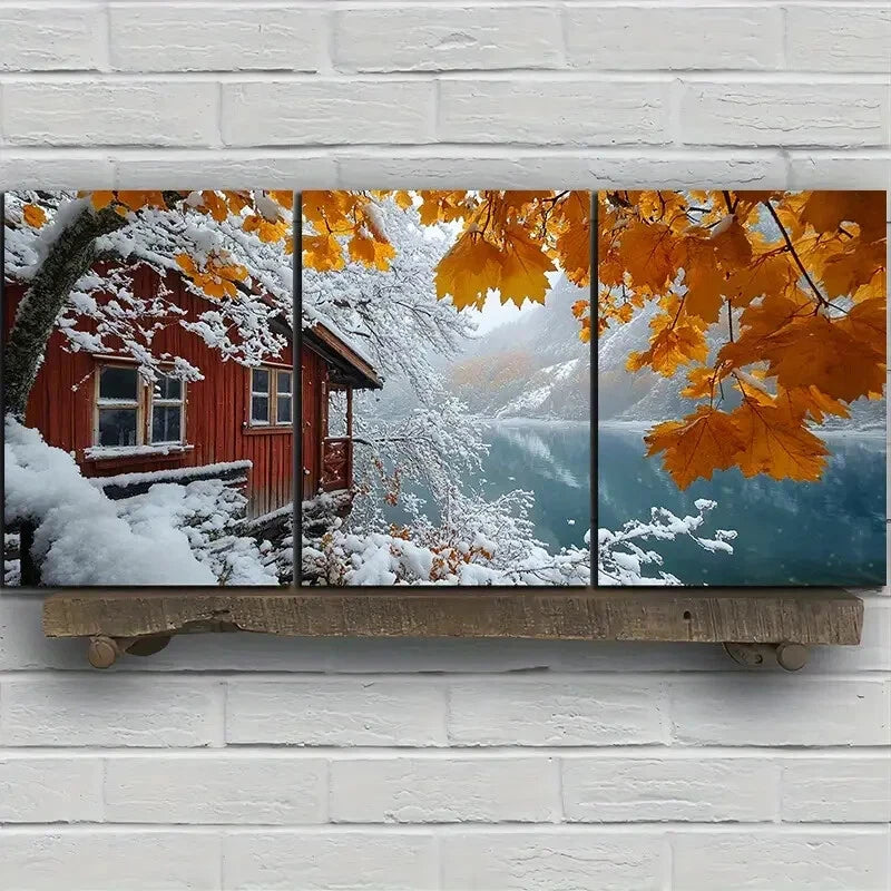 3pcs Snowy Cabin Watercolor Style Metal Print Ready to Hang Art - Bella Home Decor