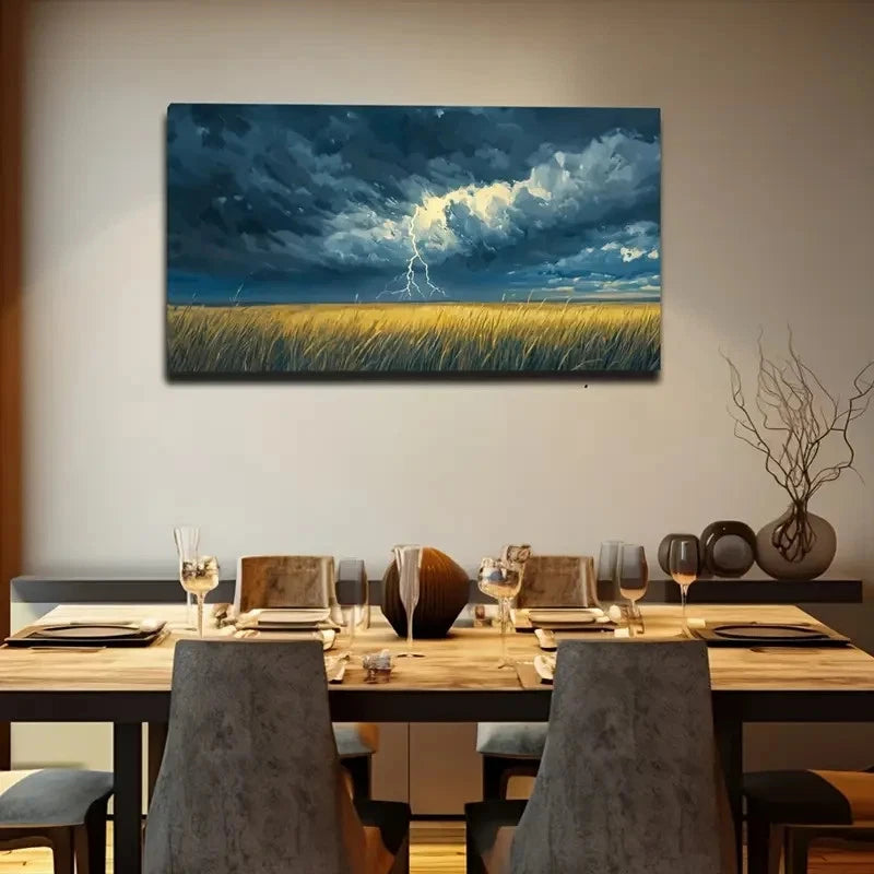 Lightning Prairie Dramatic Sky Wall Art Canvas Office Home Room Framed 120x60cm