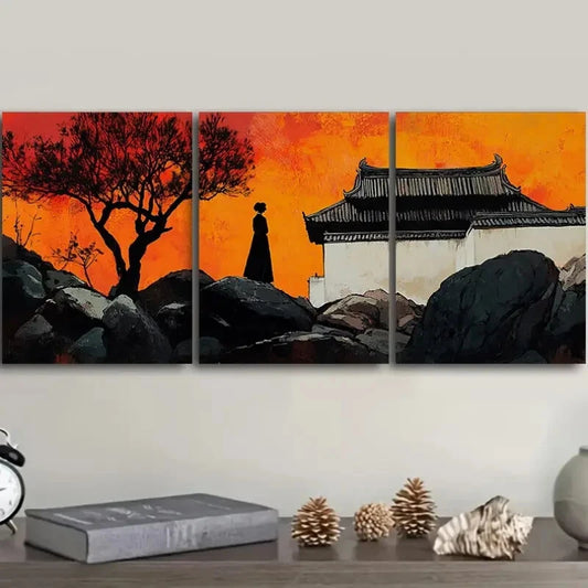 3pcs Vibrant Sunset Scene with Silhouette Figure Metal Print Ready to Hang Art