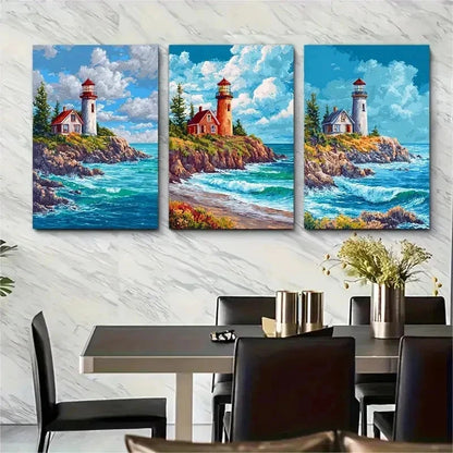3pcs Seaside & Lighthouse Landscape Perfect Wall Art Set Canvas Framed 50x70cm - High Quality Print 100% Australian Made Wall Canvas Ready to Hang