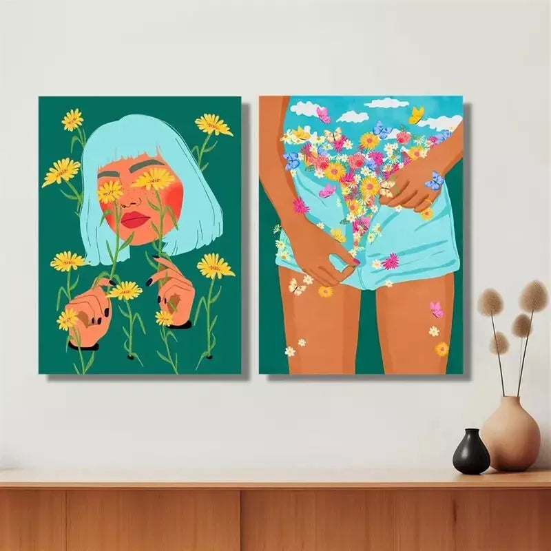 2pcs Floral Mood, So She Did The Girl Wanted to Bloom Canvas Framed 50x75cm - High Quality Print 100% Australian Made Wall Canvas Ready to Hang - Bella Home Decor