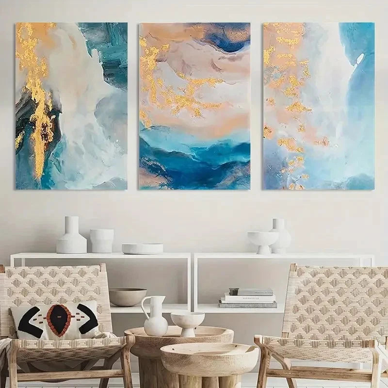 3pcs Turquoise Abstract Golden Marble Painting Metal Print Ready to Hang Art - Bella Home Decor