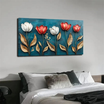 Tulips Golden Edge Wall Art Canvas Office Home Room Framed 120x60cm