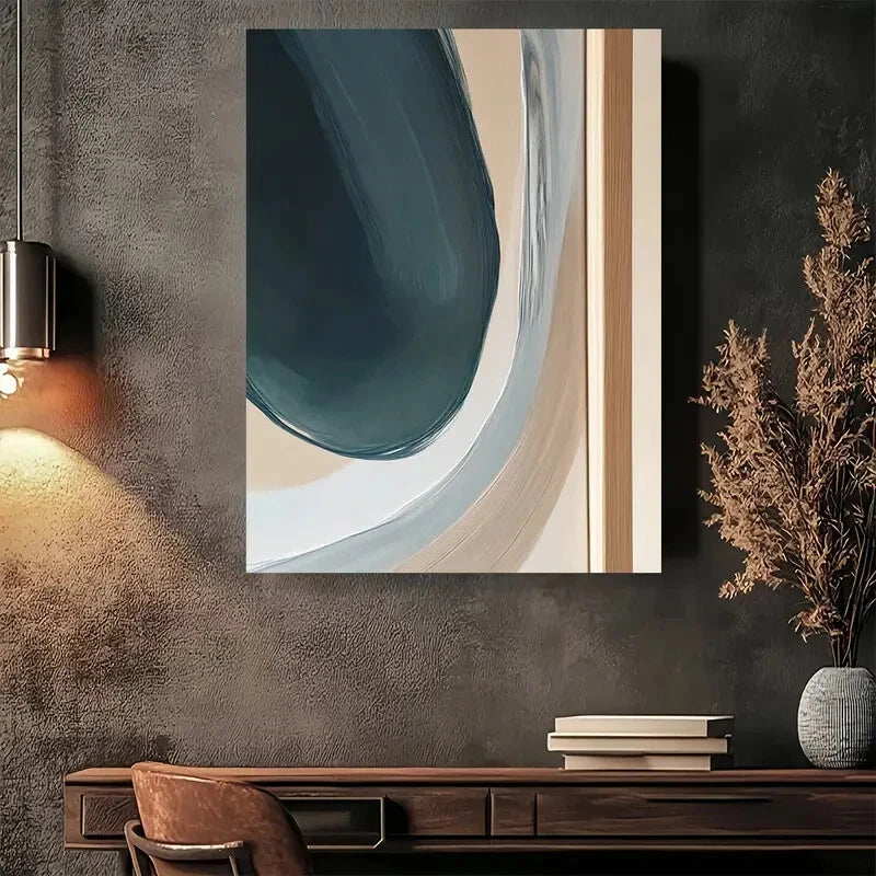 Beautiful Vertical Blue Beige Black White Painting 40x60cm Metal Print Ready to Hang - Bella Home Decor