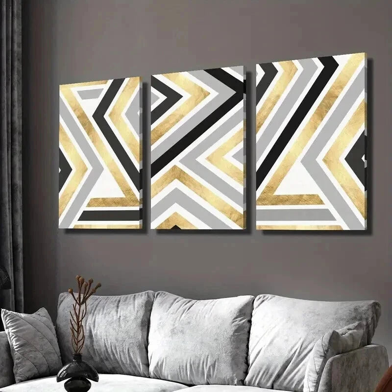 3pcs Gold Black & Gray Artistic Lines Wall Art Set Canvas Framed 60x90cm - High Quality Print 100% Australian Made Wall Canvas Ready to Hang