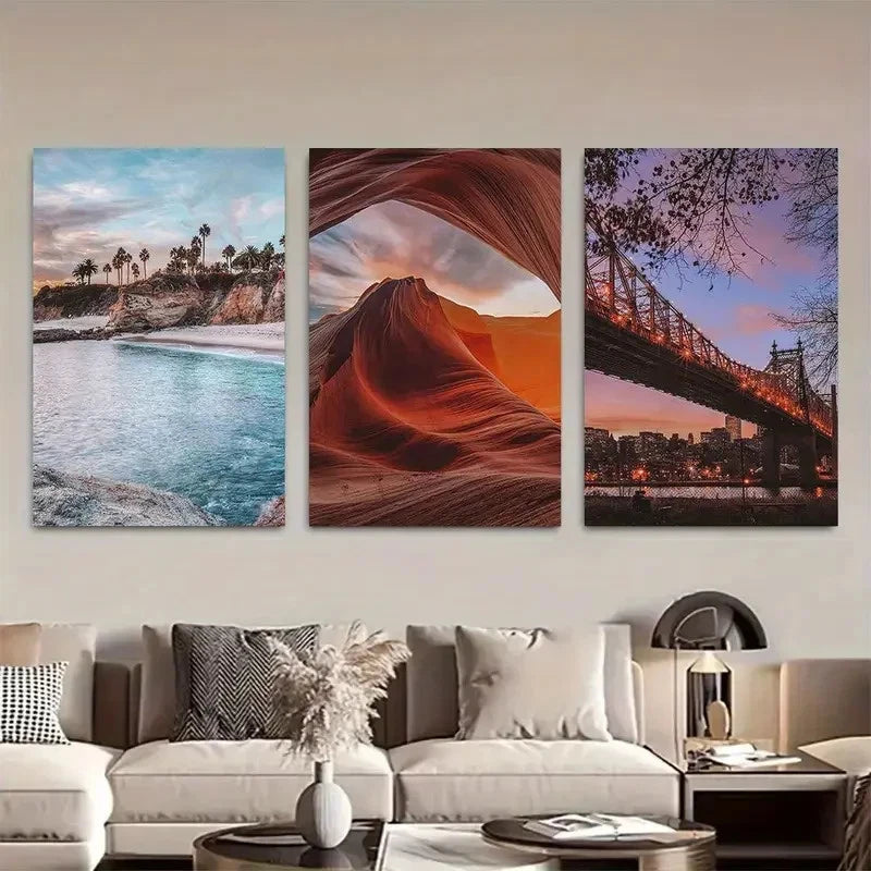 3pcs Vibrant Sunset & Coastal Scenery Metal Print Ready to Hang Art