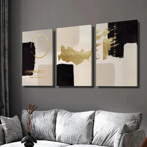 3pcs Golden Geometric Abstract Wall Art Set Canvas Unframed - High Quality Print 100% Australian Made Wall Canvas - Bella Home Decor