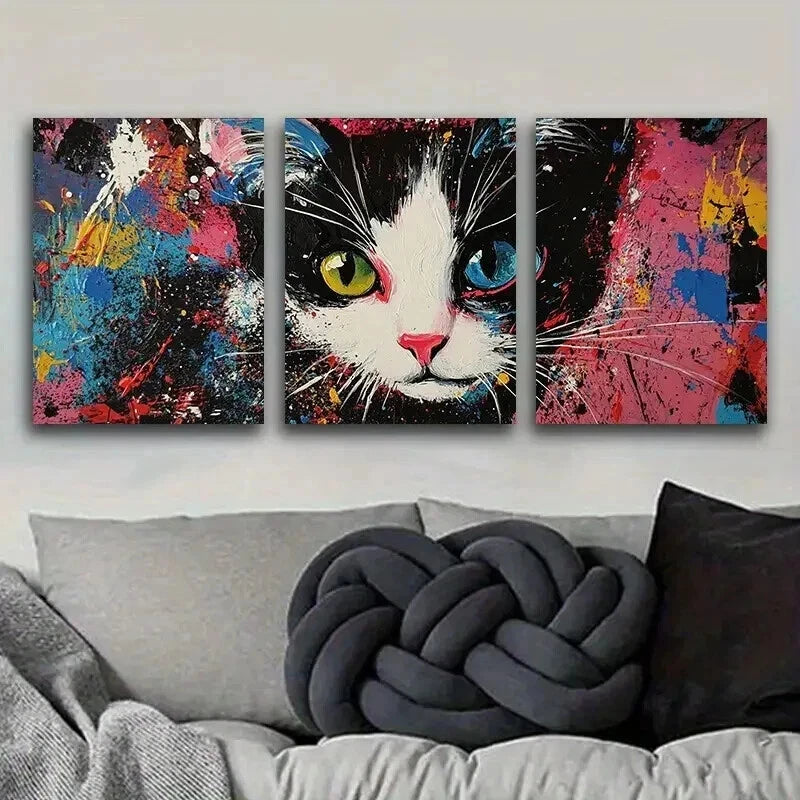 3pcs Black And White Tuxedo Cat Wall Art Set Canvas Framed 50x70cm - High Quality Print 100% Australian Made Wall Canvas Ready to Hang - Bella Home Decor