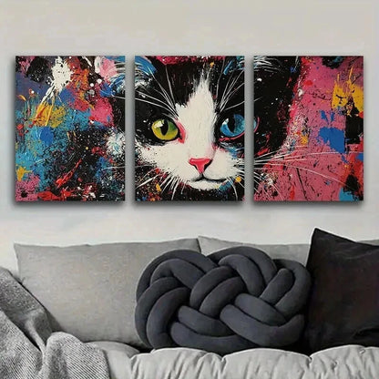 3pcs Black And White Tuxedo Cat Wall Art Set Canvas Framed 50x70cm - High Quality Print 100% Australian Made Wall Canvas Ready to Hang - Bella Home Decor