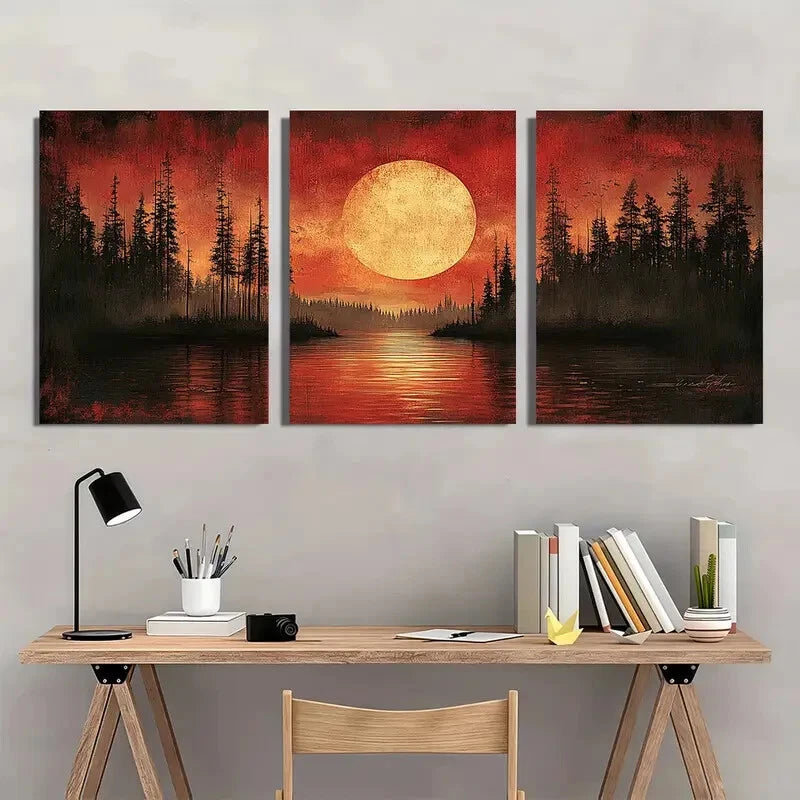 3pcs Vibrant Red Sunset with Pine Trees Lake Scene Metal Print Ready to Hang Art - Bella Home Decor