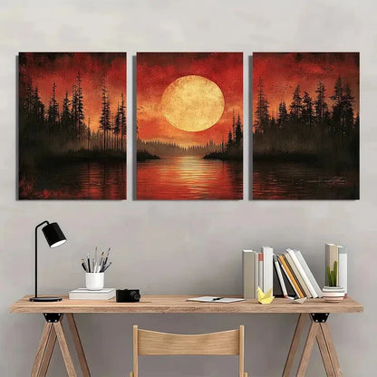 3pcs Vibrant Red Sunset with Pine Trees Lake Scene Metal Print Ready to Hang Art - Bella Home Decor