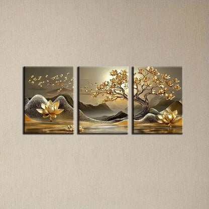 3pcs Golden For Lotus Tree Of Life Perfcect Wall Art Set Canvas Framed 50x70cm - High Quality Print 100% Australian Made Wall Canvas Ready to Hang - Bella Home Decor
