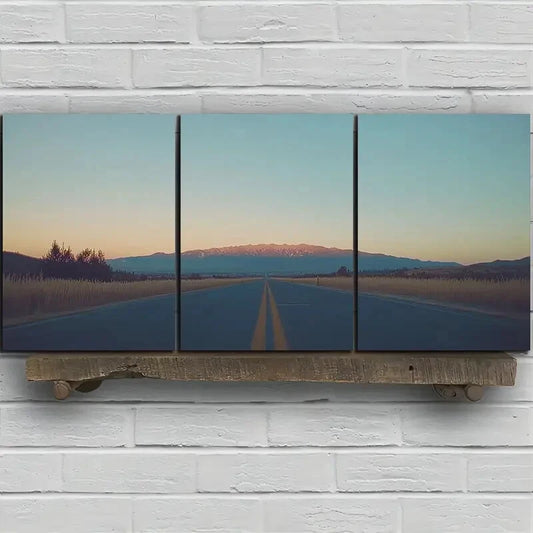 3pcs Sunset Glow Road Trio Mountain Metal Print Ready to Hang Art